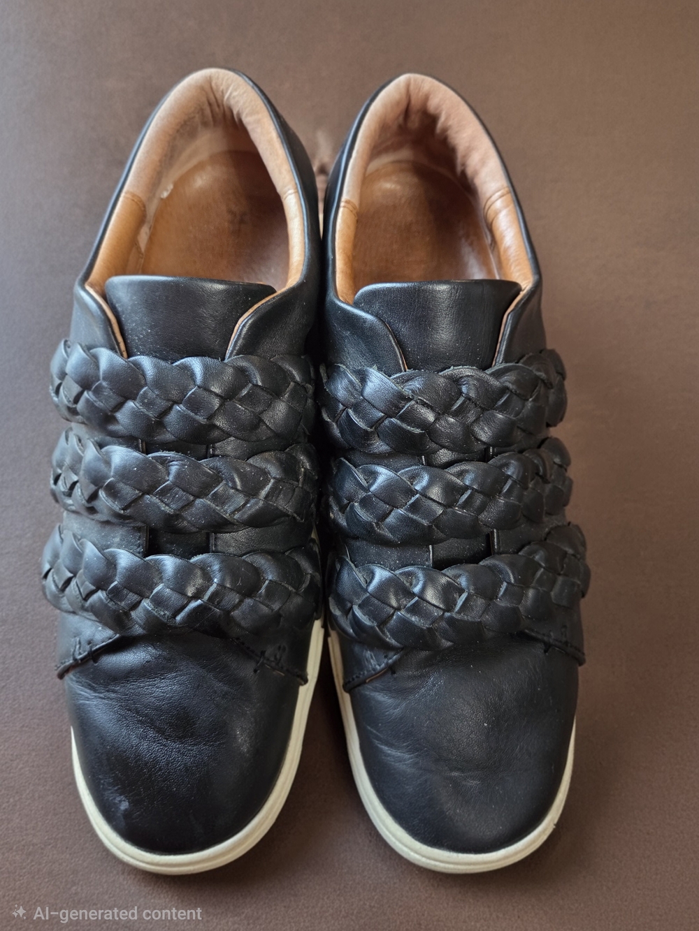FRYE AND CO. Black Braided Leather Slip-On Sneakers